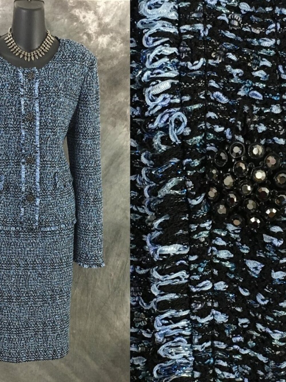 NWT NEW St John knit Caviar blue multi shimmer jacket skirt suit size 12